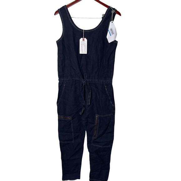 New Current/Elliott Zip Cargo Crop 100% Linen Jumpsuit in Black sz 0 - Picture 2 of 10